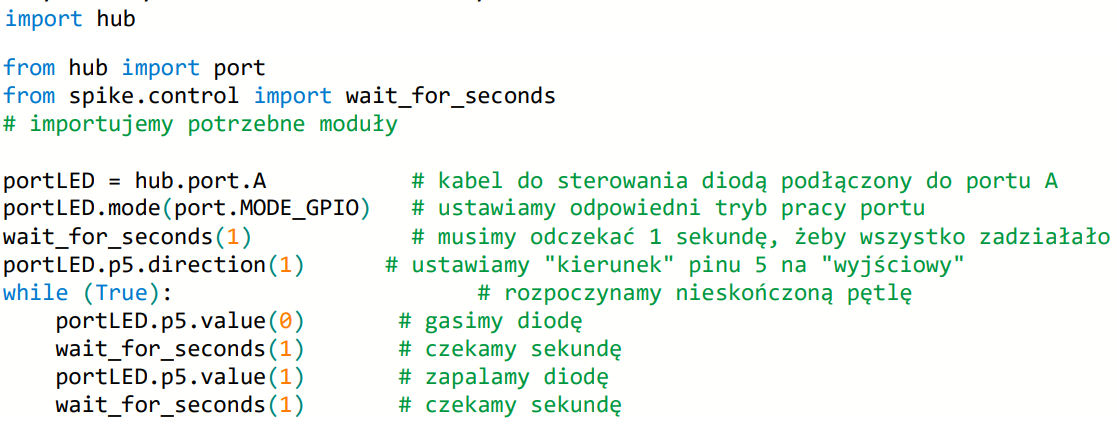 scenariusz spike i elektronika kod uruchomienia diody